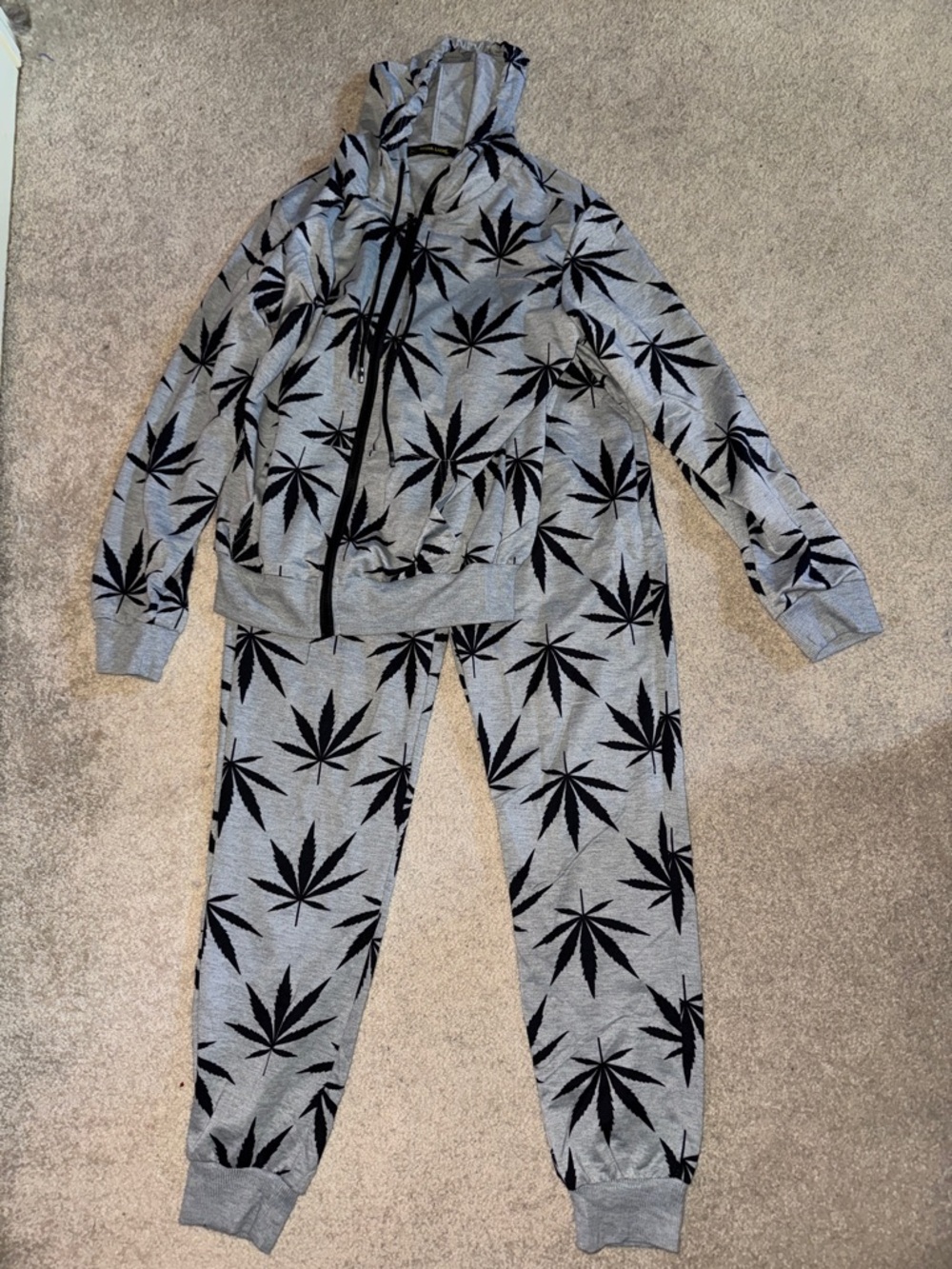 Ladies/Unisex  Gray Hoodie & Jogger Set with Black Leaf Print